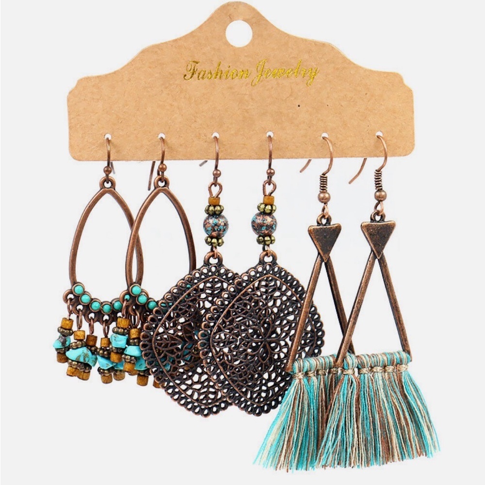 Boho Artisan Turquoise and Bronze Earring Trio #2033